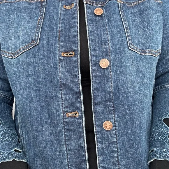 Chico's Blue Jean Jacket with Lace Sleeves - Picture 5 of 11